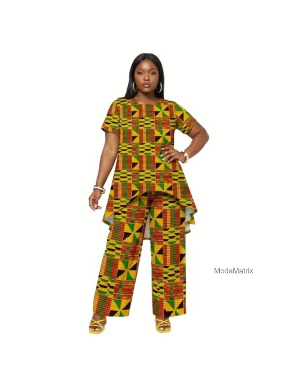 Plus Size African Print 2PC Set Short Sleeve Top Wide Leg Pants Lounge Sets for